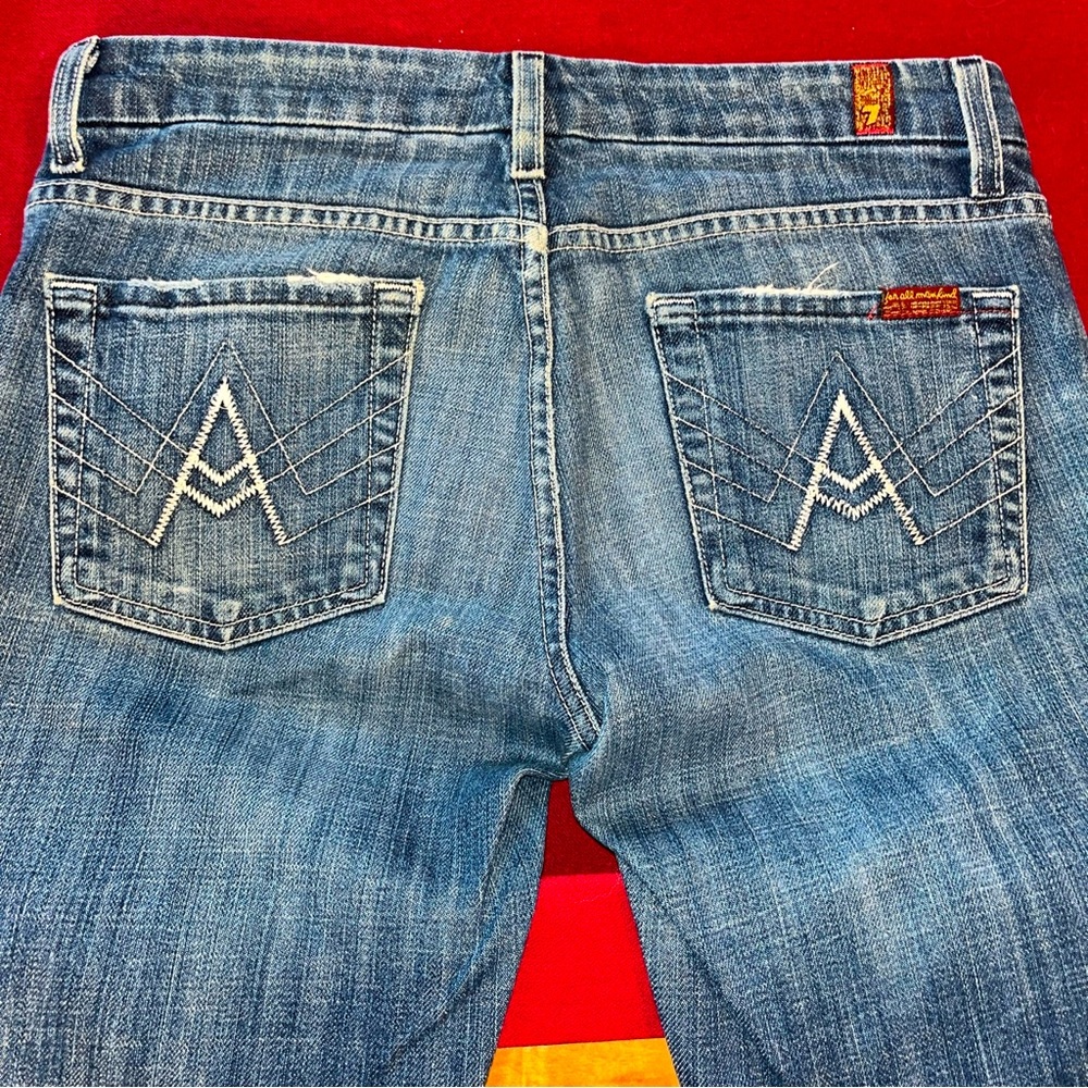 7 for all Mankind "A Pocket”Bootcut blue Jeans Frayed Cuff Flared Cotton size 28
